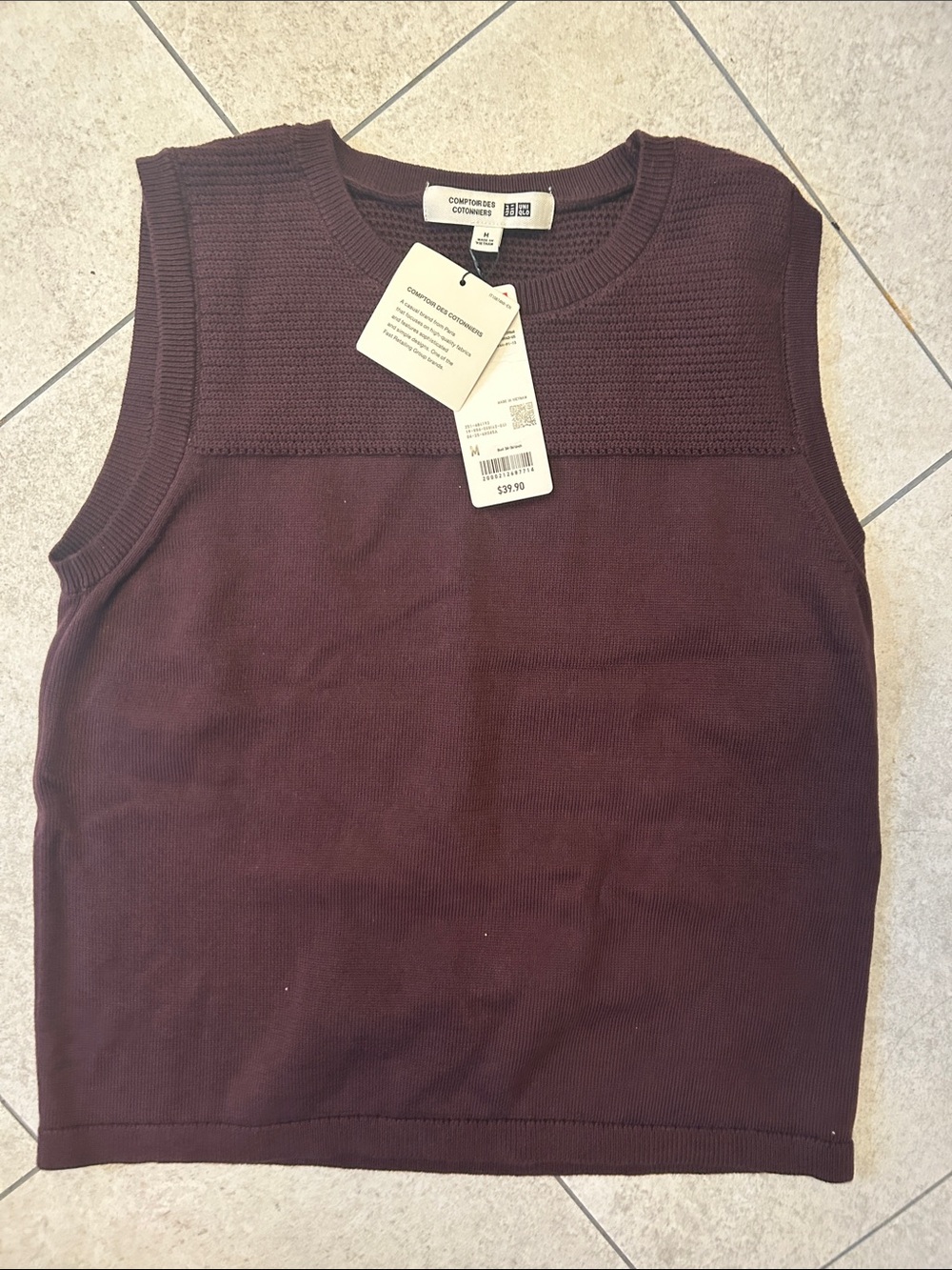 Uniqlo Sleeveless Knit Shell - wine, 100% cotton comptoir des cotoniers